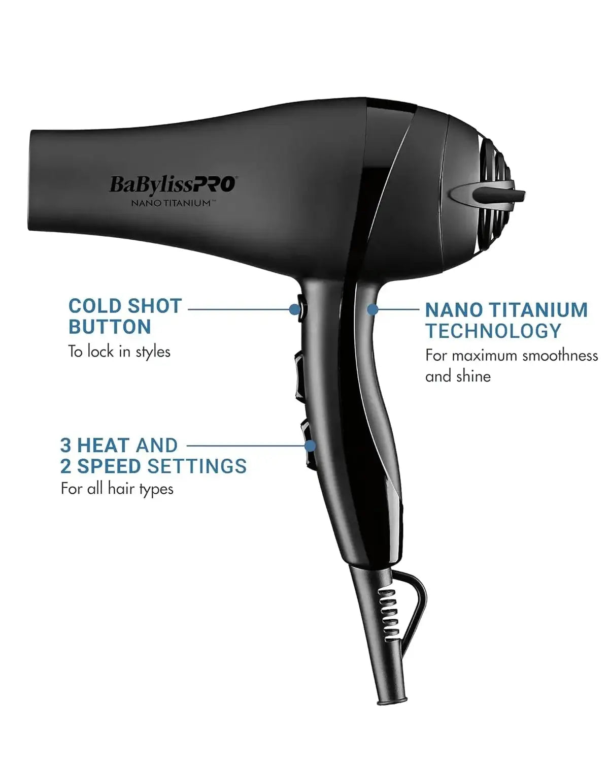 Black hair dryer with features labeled on a white background
