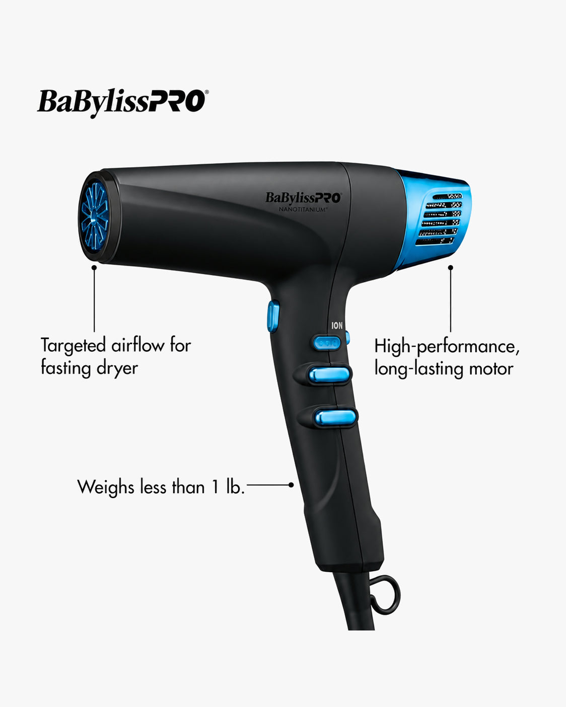 BaBylissPRO Nano Titanium Pro High-Speed Dual Ionic Dryer Limited Edition Black and Blue infographic