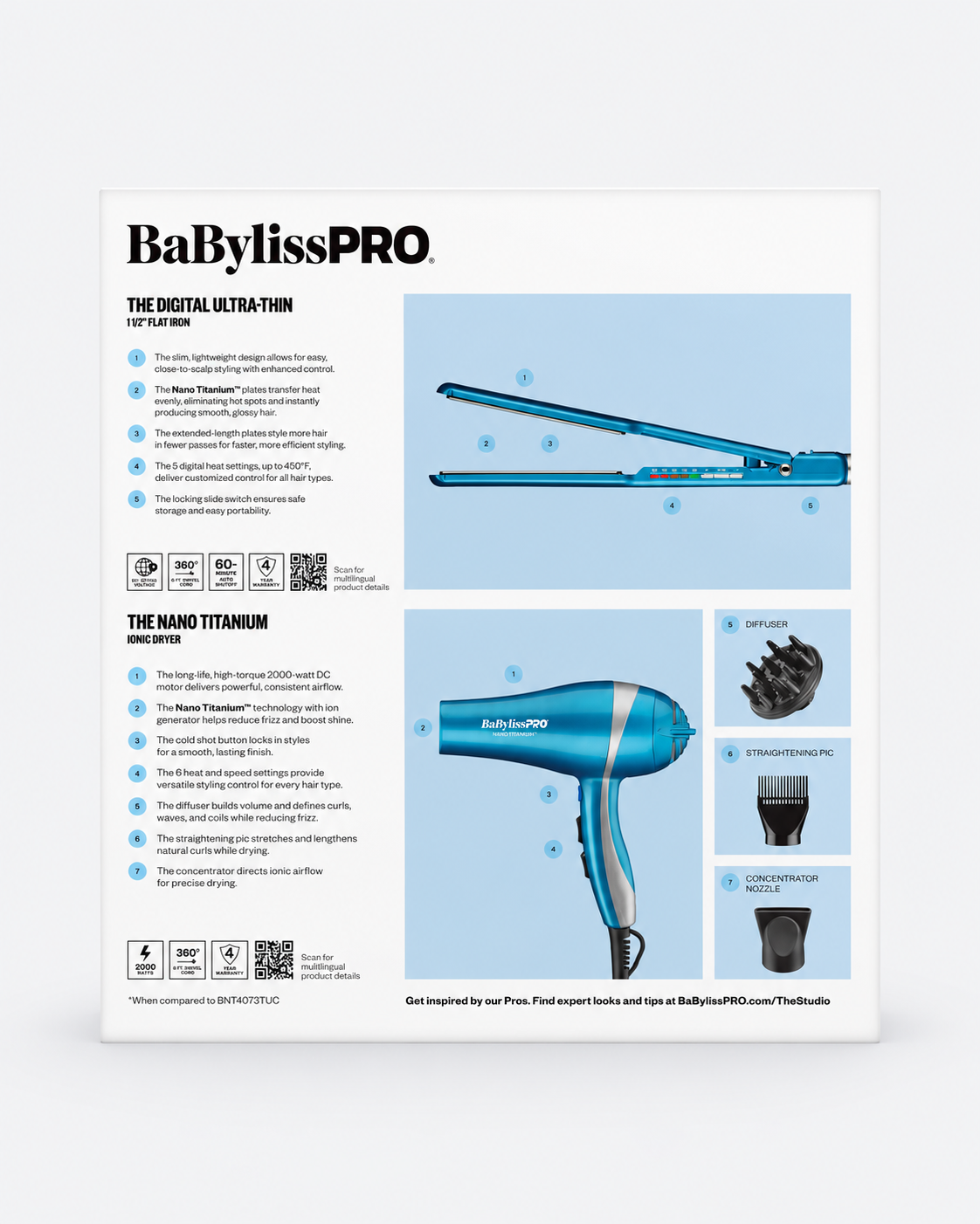 The retail packaging box for the BaBylissPRO Digital Ultra-Thin Flat Iron and Nano Titanium Hair Styler, featuring product images, feature callouts, and icons on a white background.