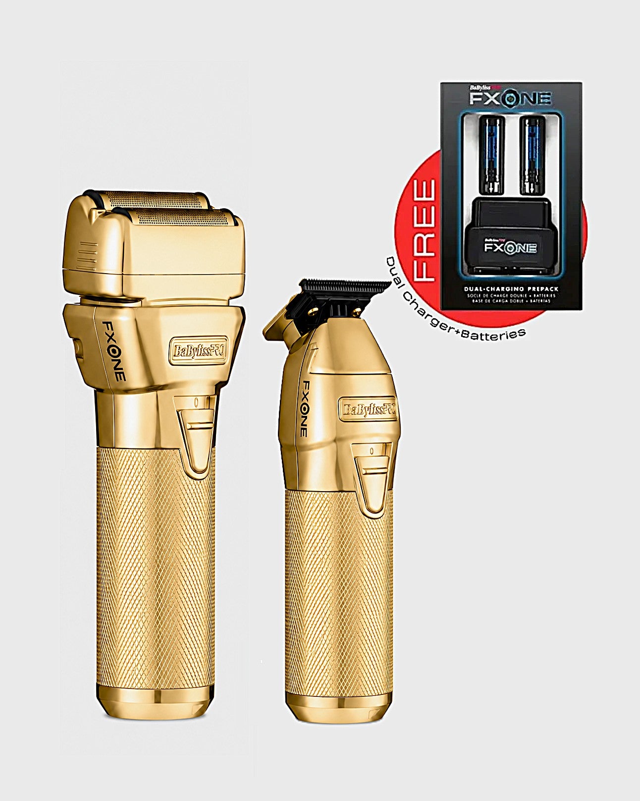 Gold hair trimmer set with packaging on a white background