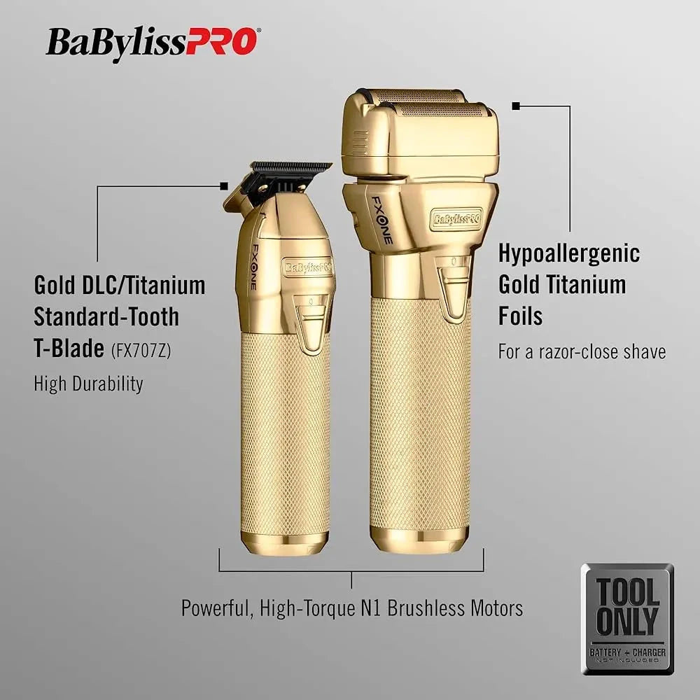 BaBylissPRO gold hair trimmer with features highlighted on a gray background