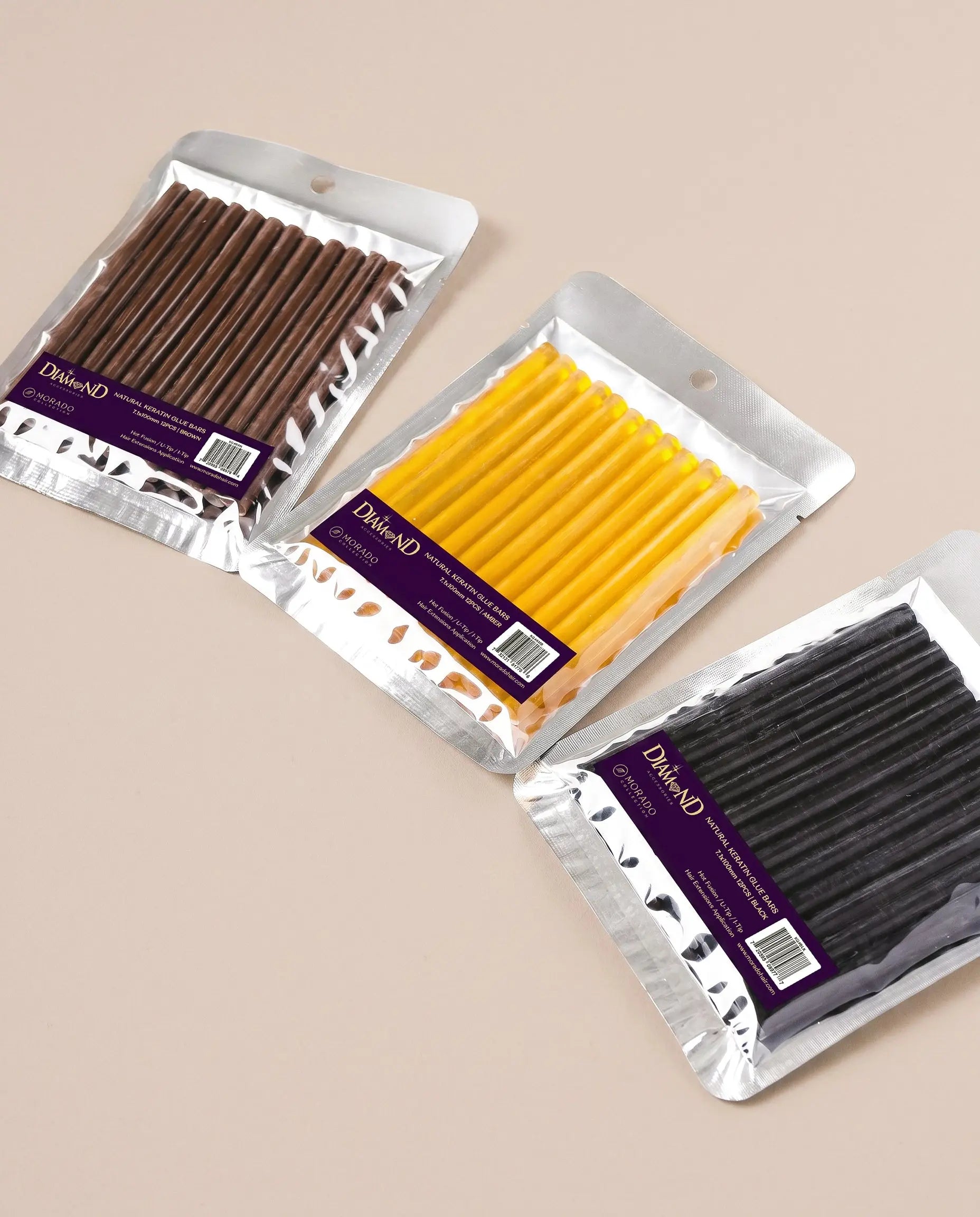 Diamond Natural Keratin Glue Bars (12 Pack) – Fusion Bonding Sticks for Hair Extensions, Amber/Black/Brown