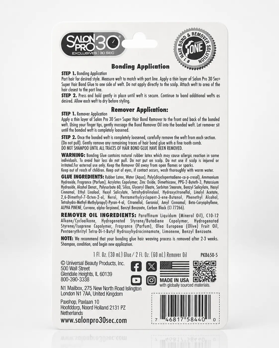 Salon Pro 30 Sec Super Hair Bond Glue 1oz & Remover Oil 2oz Blister Pack Back