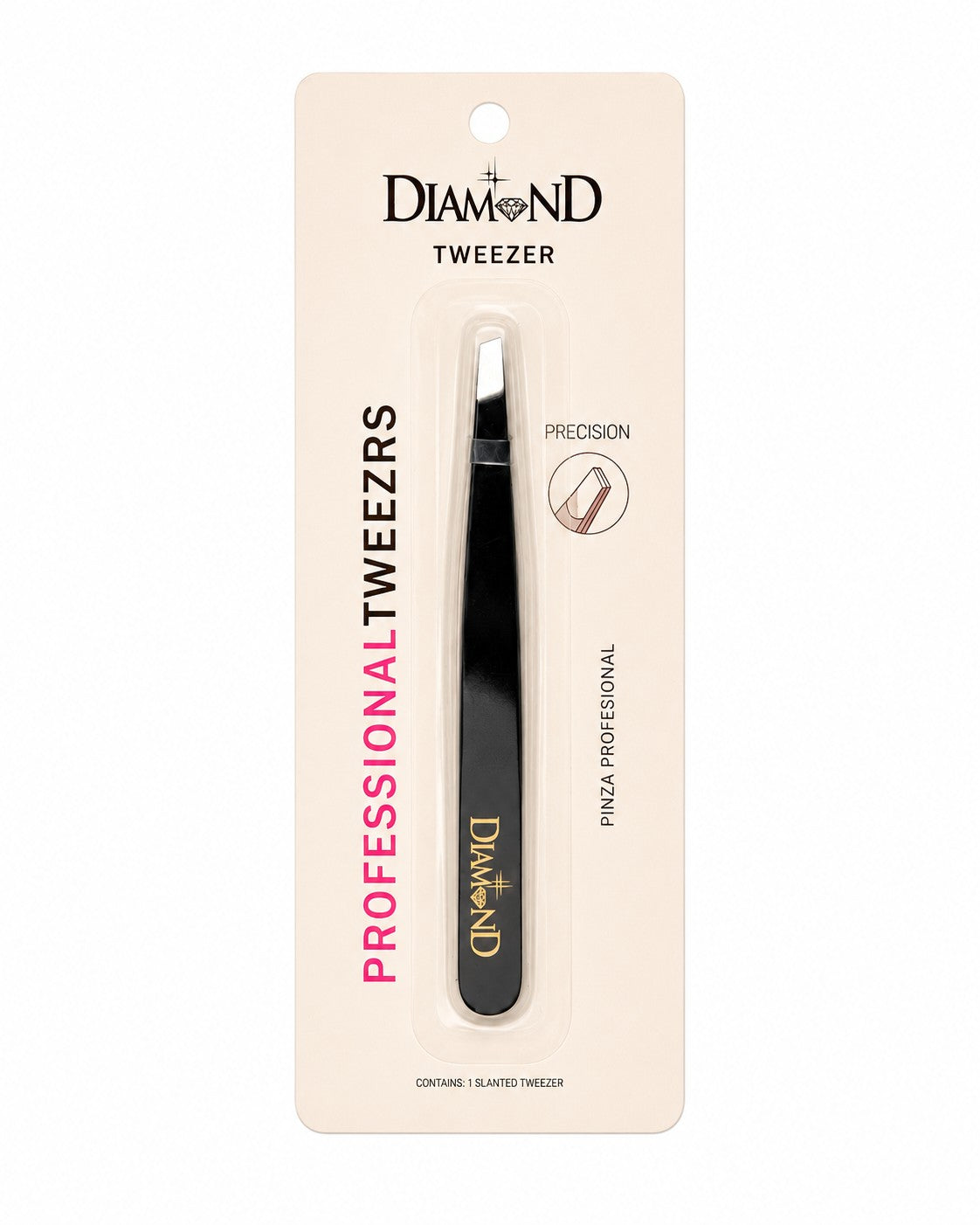 Professional slanted tweezer packaged for retail sale
