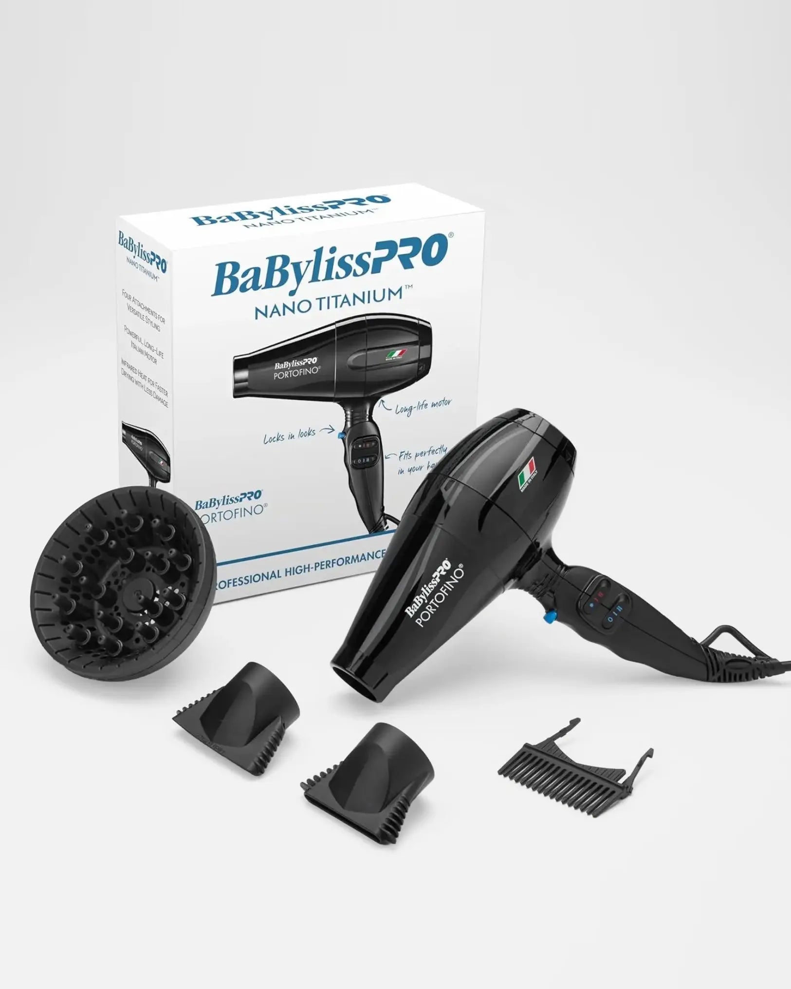 BABYLISSPRO NANO TITANIUM ITALIAN PORTOFINO HAIR DRYER ATTACHMENTS - PROFESSIONAL 2000 WATT BLOW DRYER 