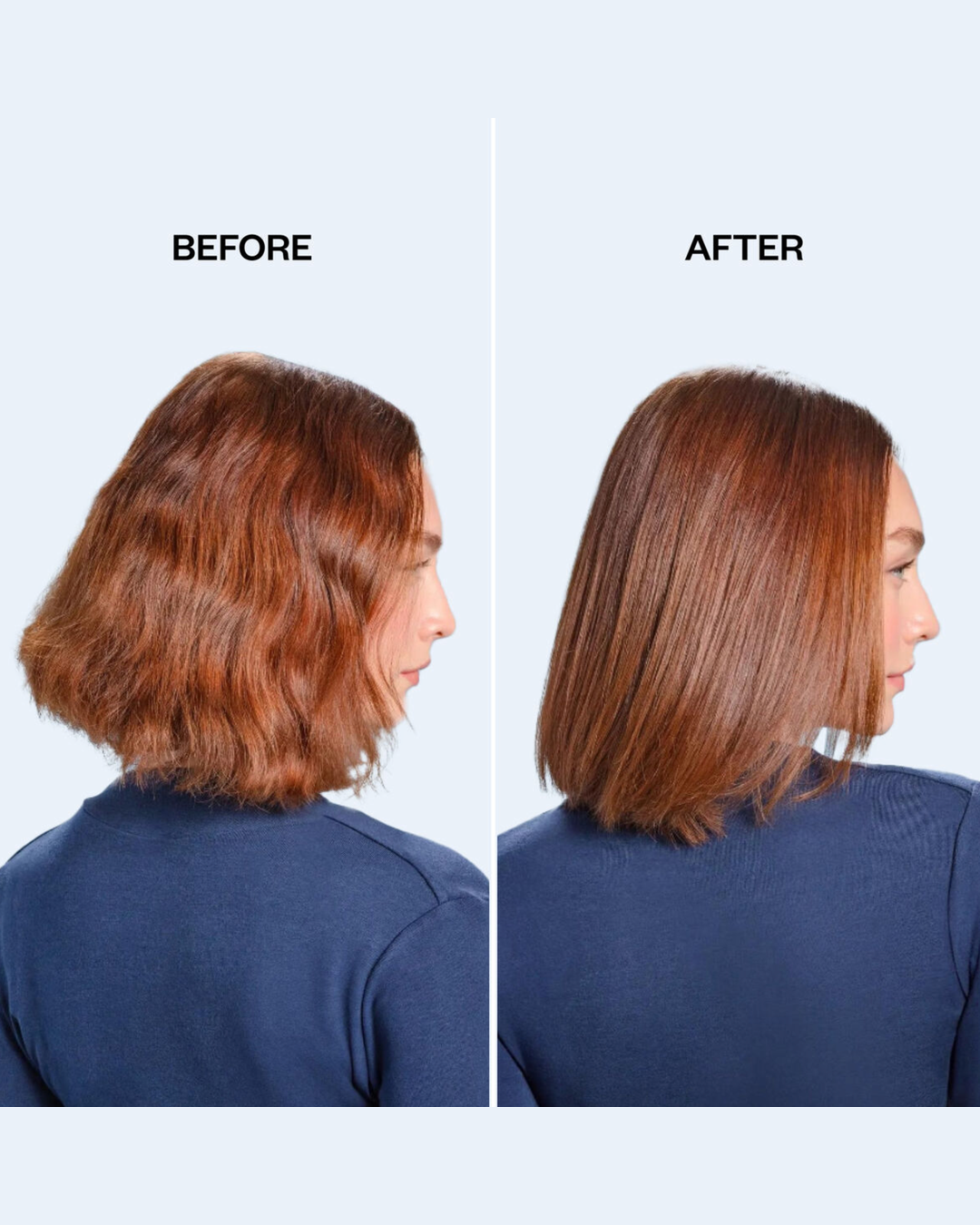 Before and after comparison of a woman's shoulder-length auburn hair, showing a wavy texture on the left and a smoother, straighter finish on the right, set against a light blue background.