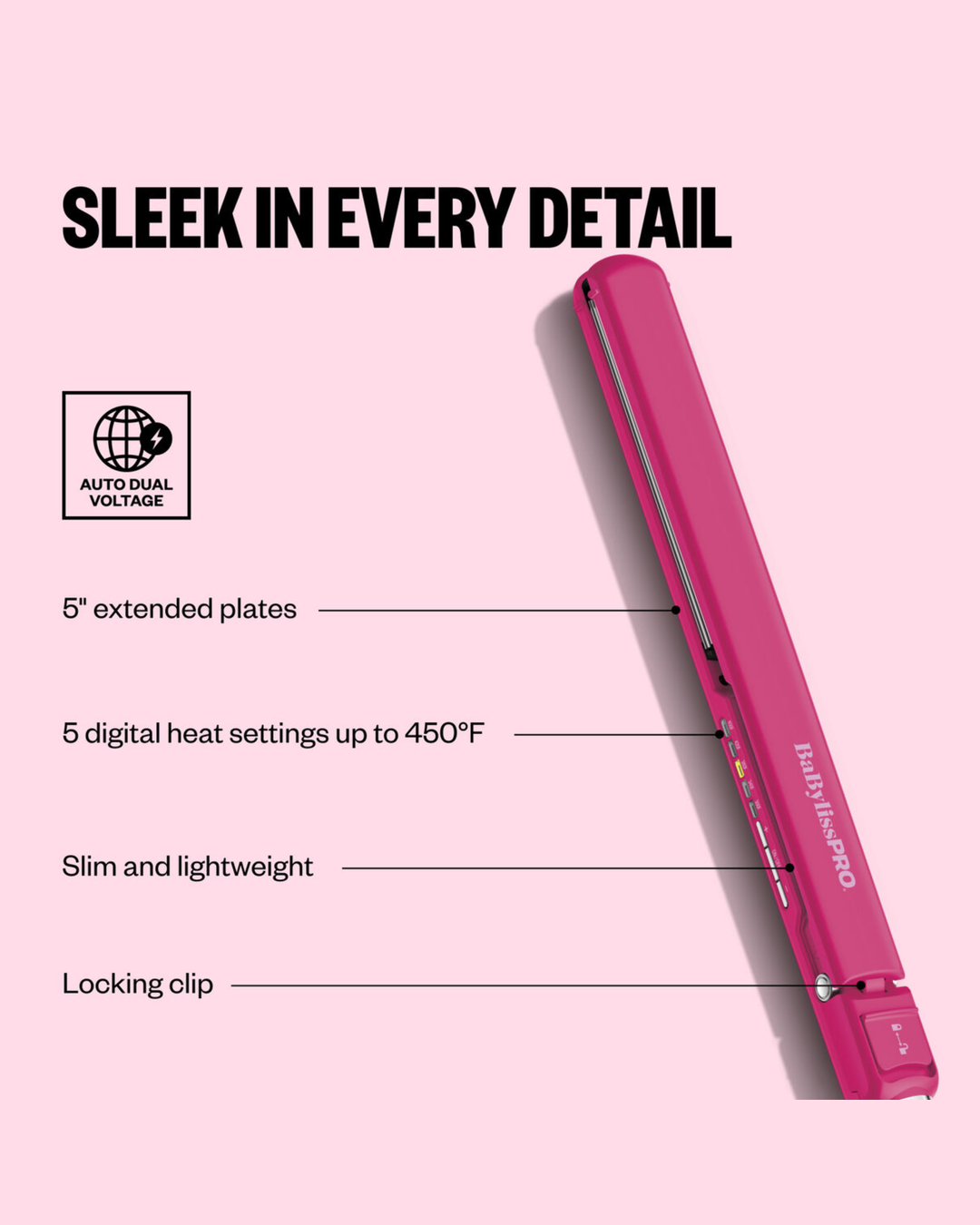 Pink hair straightener shown on a light pink background with marketing text and callout lines describing features such as extended plates, digital heat settings, slim and lightweight design, and locking clip.