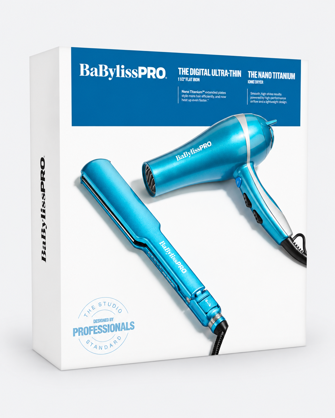 BaBylissPRO The Digital Ultra Thin 110V Flat Iron and The Nano Titanium 800W Hair Dryer set in a white and blue retail box, shown on a light gray background.