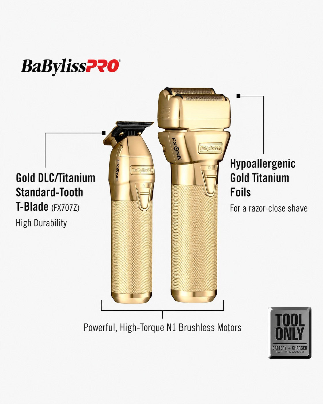 BaBylissPRO FXONE GoldFX TRIMMER & Double FOIL SHAVER PREPACK Infographic