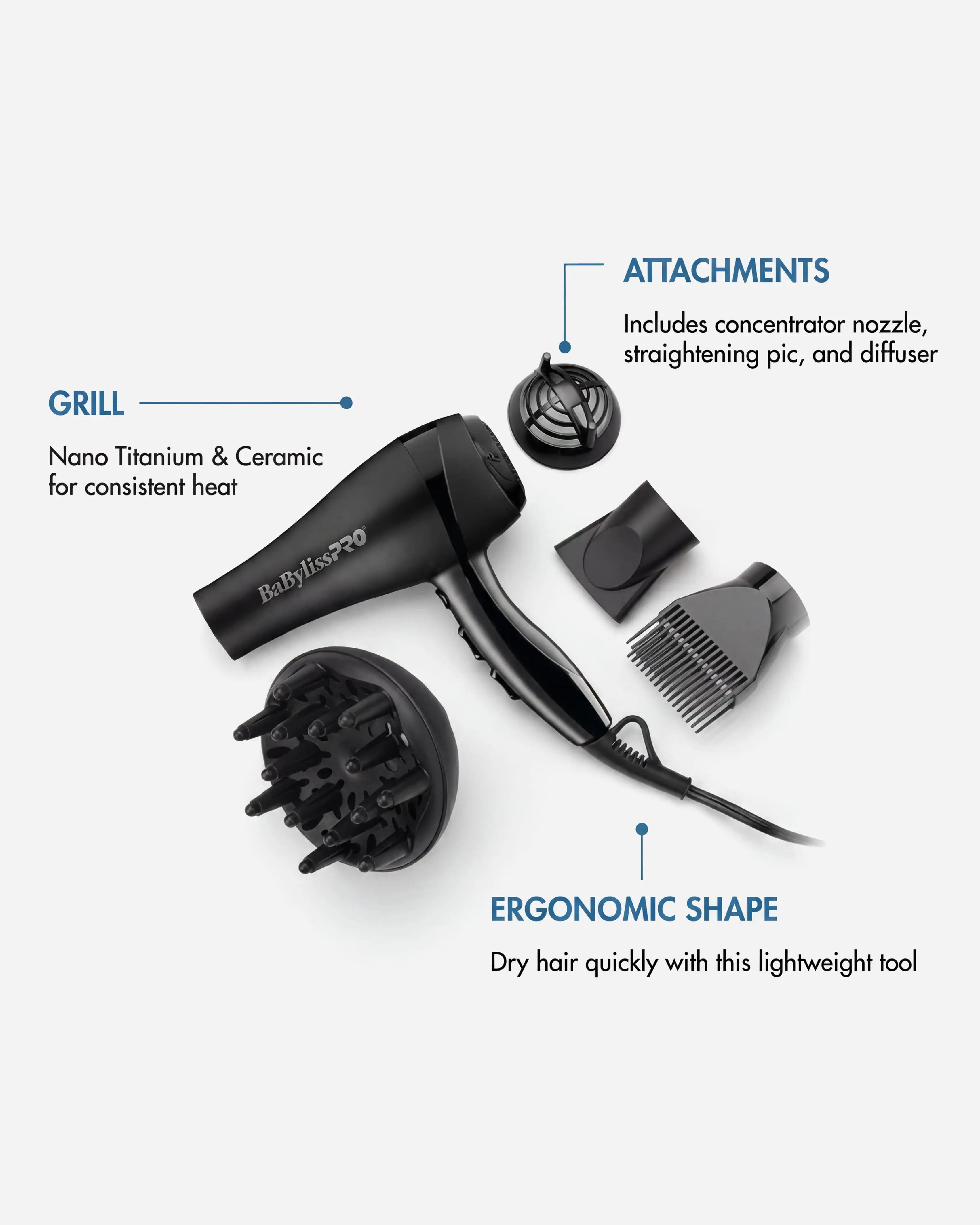 BaBylissPRO Nano Titanium Professional Ionic Dryer Matte Black – 2000W High-Power Hair Dryer