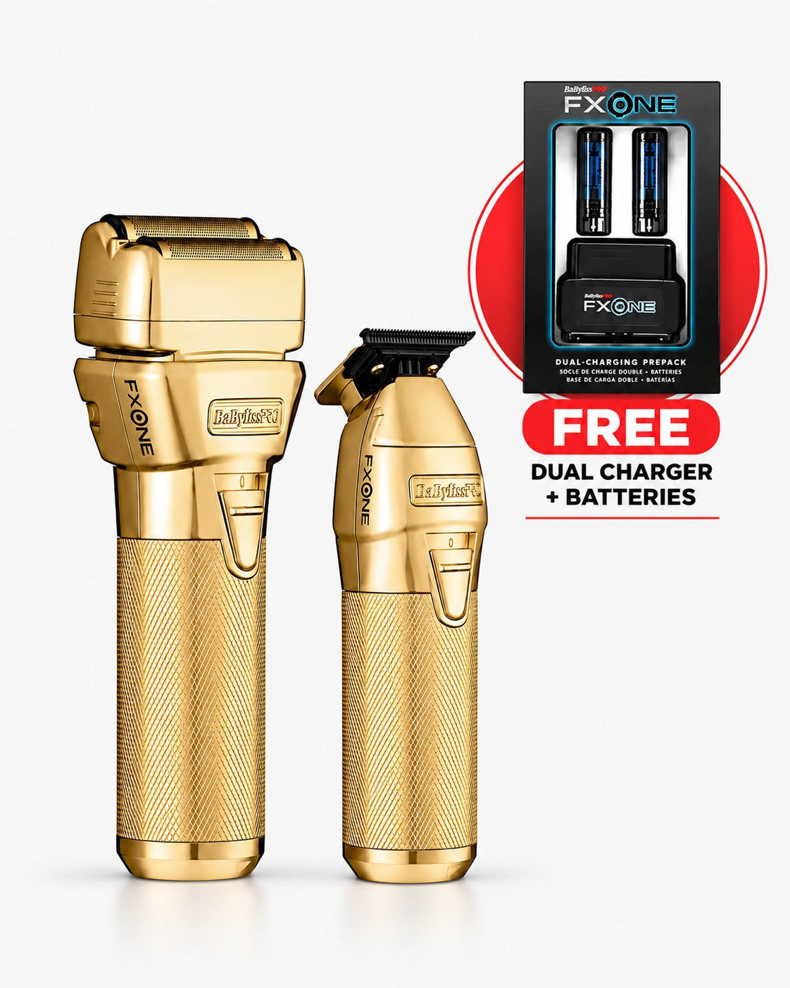 fxone trimmer and shaver combo prepack gold color with free dual charger + 2 batteries