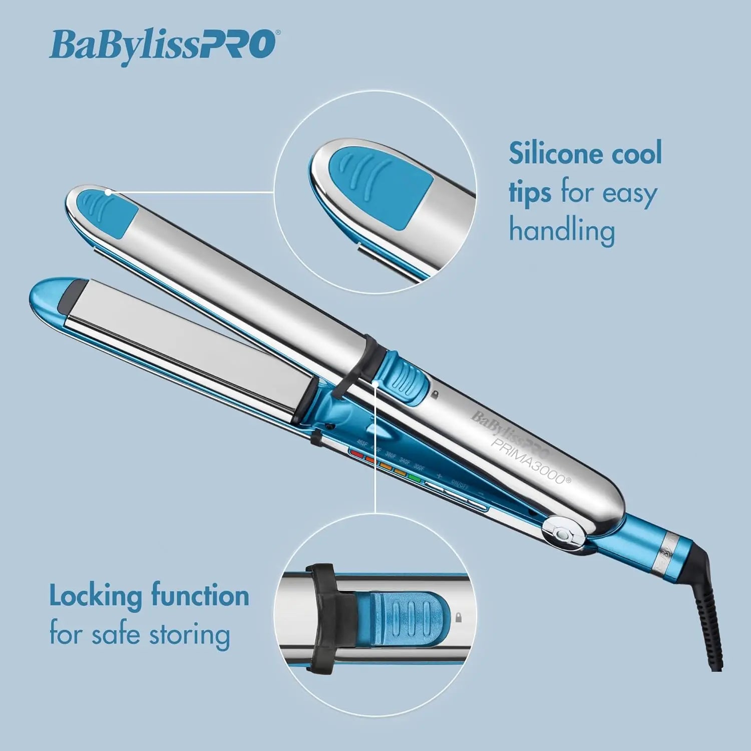 BaBylissPRO hair straightener with silicone cool tips and locking function 